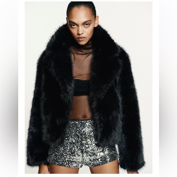 Zara Black Faux-Fur Shawl Collar Cropped Jacket - Picture 3 of 6